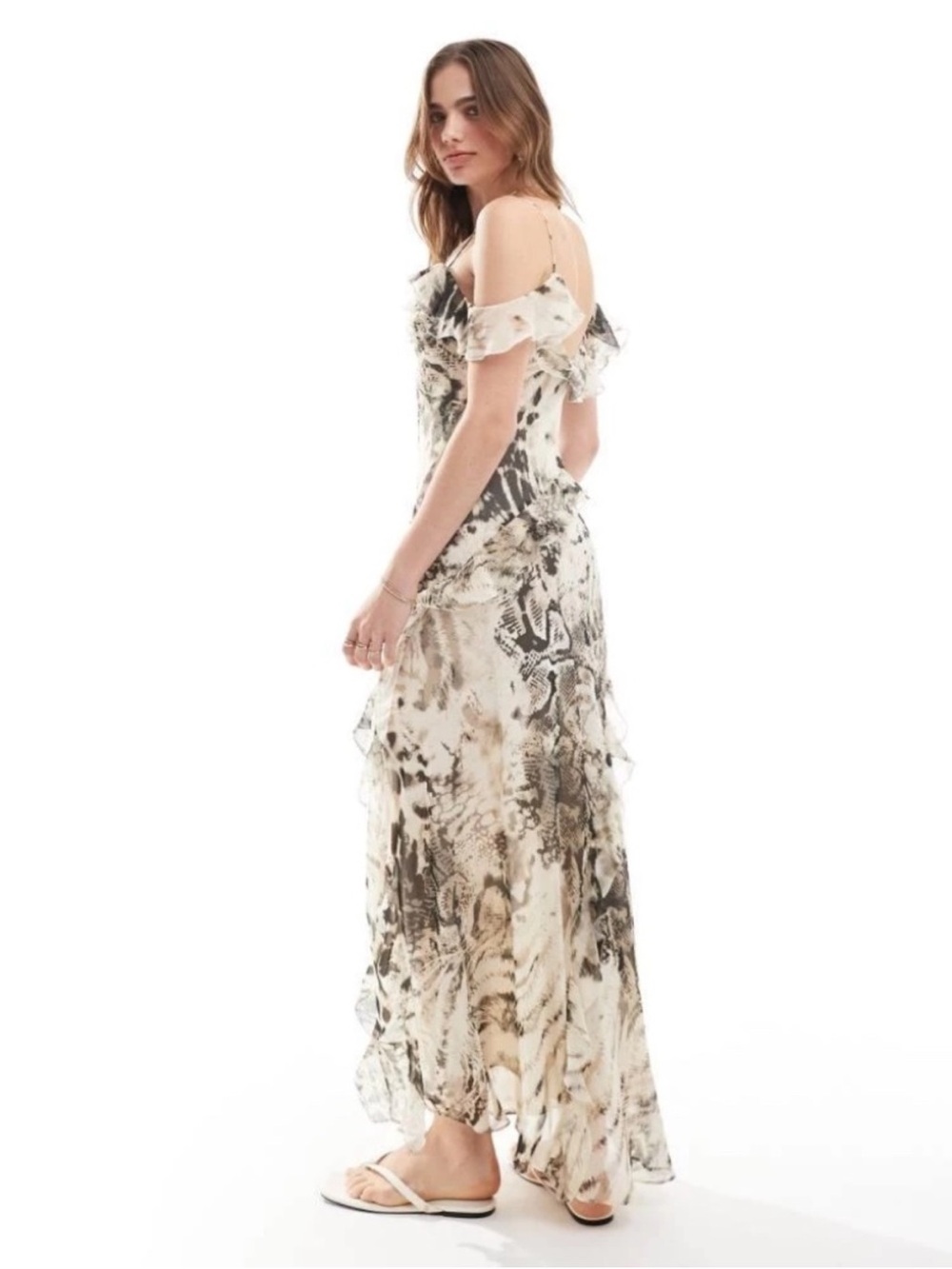 NWT MNG Beige Snake Print Tiered Ruffle Cold-Shoulder Chiffon Dress